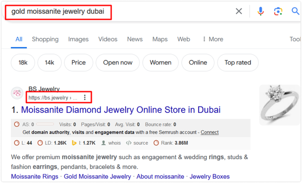 google serp ranking of bs jewelry