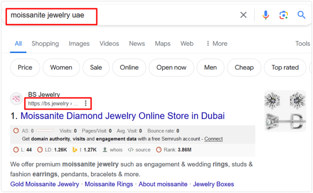 google serp ranking of bs jewelry