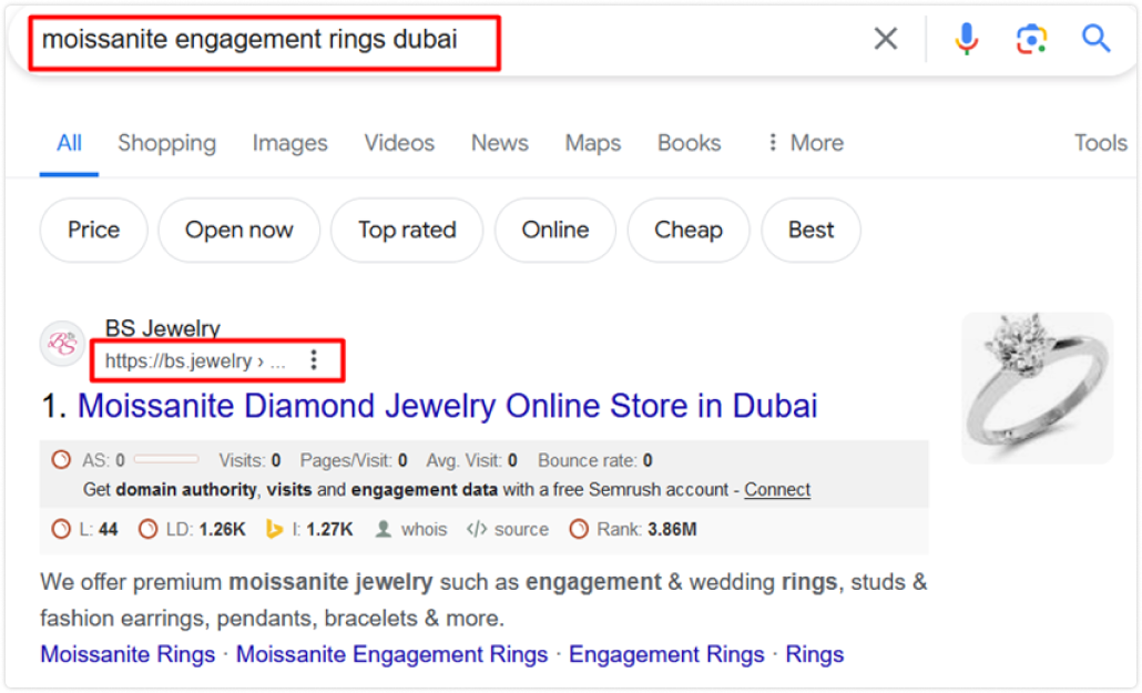 google serp ranking of bs jewelry